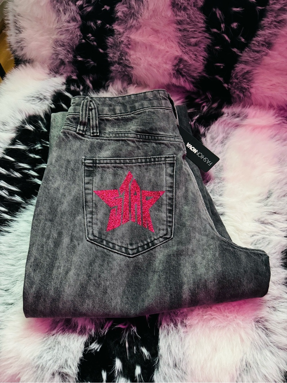 Fashion Nova High-Rise Gray Jeans with Pink Star Patch